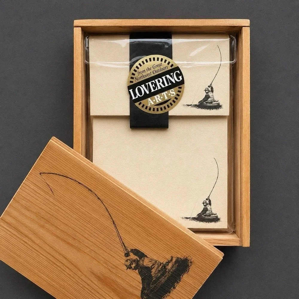 Vintage Lovering ARTS‎ Fly Fishing Stationery Set Wood Slide Top Box